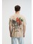 Flavor Erkek Oversize %100 Pamuk Baskılı Yuvarlak Yaka Bej T-Shirt 2