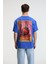Snack Erkek Oversize Fit %100 Pamuk Baskılı Yuvarlak Yaka Saks Mavi T-Shirt 2