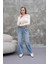 Kadın Salaş Paça Yüksek Lastikli Bel Jean Pantolon Mavi 3