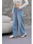 Kadın Salaş Paça Yüksek Lastikli Bel Jean Pantolon Mavi 4