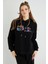 Lisanslı Kapüşonlu Kalın Oversize Siyah Sweatshirt 5