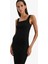 Yeni Sezon Bodycon Vücudu Saran Kare Yaka Basic Düz Fitilli Kaşkorse Askılı Midi Siyah Elbise 4
