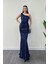Kadife Payet Tek Kol Abiye Elbise - Lacivert 1