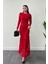 Tül Kumaş Büzgü Detaylı Kalem Elbise - Kırmızı 1