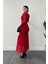 Tül Kumaş Büzgü Detaylı Kalem Elbise - Kırmızı 5