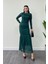 Tül Kumaş Büzgü Detaylı Kalem Elbise - Zümrüt Yeşil 1