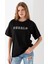 Kadın Bisiklet Yaka Baskılı Pamuklu T-Shirt Siyah - 925015 7