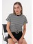 Kadın Çizgili T-Shirt Bisiklet Yaka Kısa Kollu Tişört Çizgili-Tişört 1