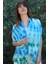 %100 Krep Ipek Batik Fular 40X160 cm - Mavi - Yeşil 3