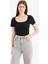 Yeni Sezon slim Fit Dar Kesim Bisiklet Yaka Basic Düz Fitilli Kaşkorse Kısa Kollu Siyah Tişört 3