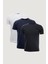Slim Fit Dar Kesim Bisiklet Yaka %100 Pamuk 3'lü T-Shirt Paketi Lacivert 1