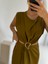 Yağ Yeşili Gold Tokalı Bel Detaylı Elbise 4