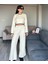 Kadın Ekru Nakışlı Kalın Kışlık Crop Triko Kazak ve Palazzo Pantolon Alt Üst Takım Triko Ikili Takım 2