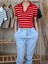 Kadın Polo Yaka Çizgili Crop Tişört 1