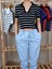 Kadın Polo Yaka Çizgili Crop Tişört 1