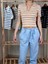 Kadın Polo Yaka Çizgili Crop Tişört 1
