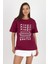 Bordo Yazı Baskılı %100 Pamuk Oversize Tişört 2150-10M 1