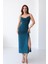 Kadın İnce Askılı Degaje Yaka Sandy Petrol Yırtmaçlı Midi Boy Elbise 2
