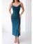 Kadın İnce Askılı Degaje Yaka Sandy Petrol Yırtmaçlı Midi Boy Elbise 4