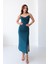 Kadın İnce Askılı Degaje Yaka Sandy Petrol Yırtmaçlı Midi Boy Elbise 5