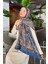 Retro Desen Pamuk Şal Pamuk Indigo Bej 70 x 180 cm 1