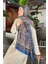 Retro Desen Pamuk Şal Pamuk Indigo Bej 70 x 180 cm 4