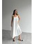 Kadın Beyaz Ayarlanabilir Askılı Pamuklu Yazlık Uzun Elbise 3