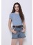 Slim Fit Yuvarlak Yaka Çizgili Kadın Mavi Kısa Kol Tişört 1
