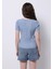 Slim Fit Yuvarlak Yaka Çizgili Kadın Mavi Kısa Kol Tişört 2