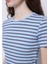 Slim Fit Yuvarlak Yaka Çizgili Kadın Mavi Kısa Kol Tişört 4