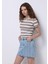 Slim Fit Yuvarlak Yaka Çizgili Kadın Ekru Kısa Kol Tişört 1
