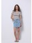 Slim Fit Yuvarlak Yaka Çizgili Kadın Ekru Kısa Kol Tişört 3