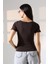 Ribana Kumaş Kayık Yaka Kısa Kol Basic Kadın T-Shirt 21996 Kahve 4