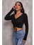 Kadın Siyah Uzun Kollu Büzdürme Bağcık Detaylı Crop Top Bluz 5