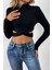 Kadın Siyah Çapraz Bel Detaylı Dik Yaka Uzun Kol Crop Top Bluz 3