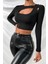 Kadın Siyah Göğüs Dekolteli Çapraz Askılı Uzun Kollu Crop Top Bluz 5