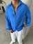 Erkek Oversize Fit Uzun Kollu Müslin Gömlek - Mavi 3