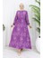 Beli Bağcıklı Desenli Viskon Elbise 2084-03 Lila 1