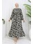 Beli Bağcıklı Desenli Viskon Elbise 2083-05 Siyah 1