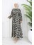 Beli Bağcıklı Desenli Viskon Elbise 2083-05 Siyah 3