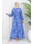 Beli Bağcıklı Desenli Viskon Elbise 2084-02 Indigo 2