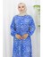 Beli Bağcıklı Desenli Viskon Elbise 2084-02 Indigo 3