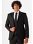 Siyah Slim Fit Armürlü Sivri Yaka 6 Drop Yelekli Klasik Takım Elbise 1