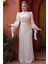 Drape Detaylı Krem Tesettür Abiye Elbise 52285KR 1