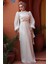 Drape Detaylı Krem Tesettür Abiye Elbise 52285KR 4