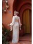 Drape Detaylı Krem Tesettür Abiye Elbise 52285KR 5