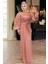 Drape Detaylı Pudra Tesettür Abiye Elbise 52285PD 1