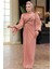 Drape Detaylı Pudra Tesettür Abiye Elbise 52285PD 2