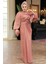 Drape Detaylı Pudra Tesettür Abiye Elbise 52285PD 3