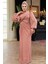 Drape Detaylı Pudra Tesettür Abiye Elbise 52285PD 4